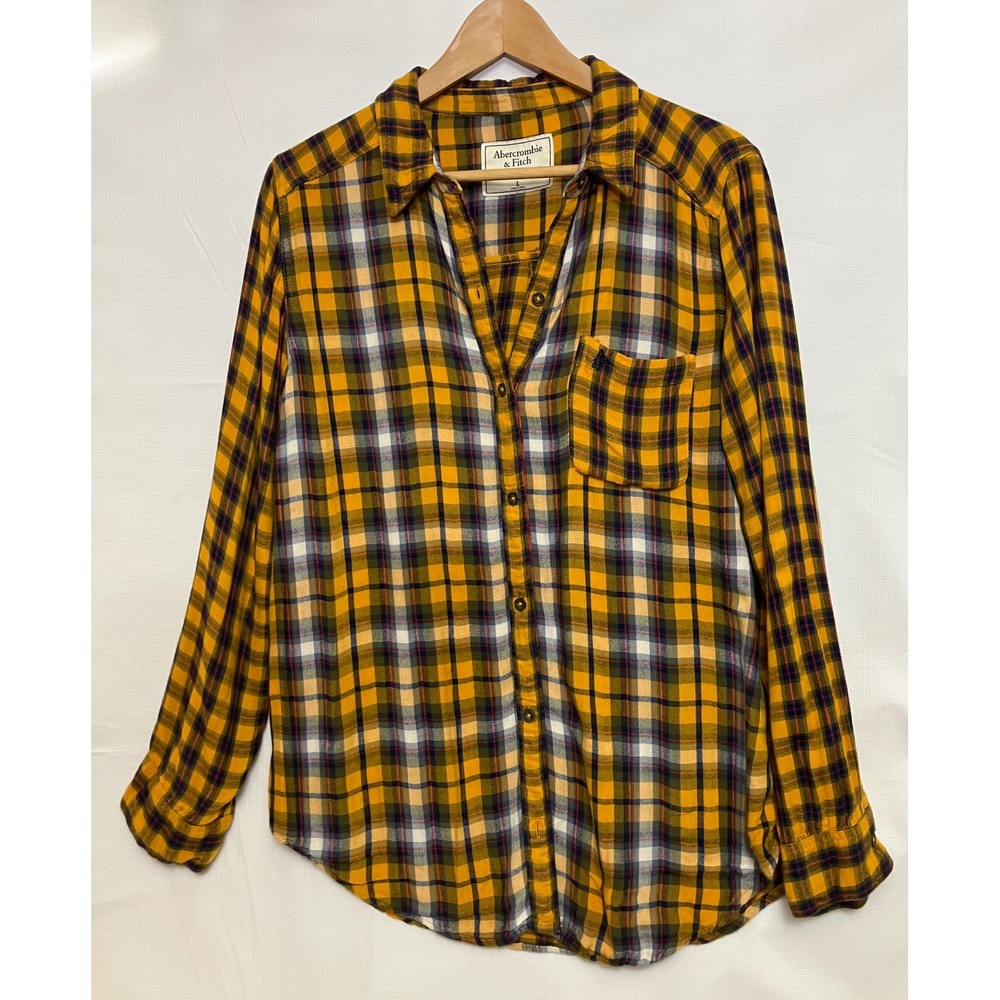 Abercrombie & Fitch Plaid Button Down Women L Yellow Excellent Long Sleeve Shirt